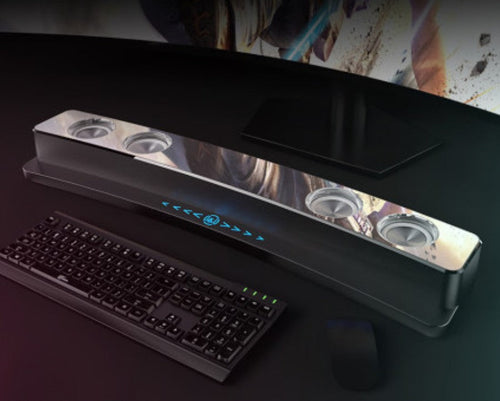 Skanto | Bluetooth Gaming Høyttaler, med RGB Belysning, Bluetooth 5.0, Dobbelt Membran, Doble Høyttalere, Mekaniske Knapper, Klokke & Alarm