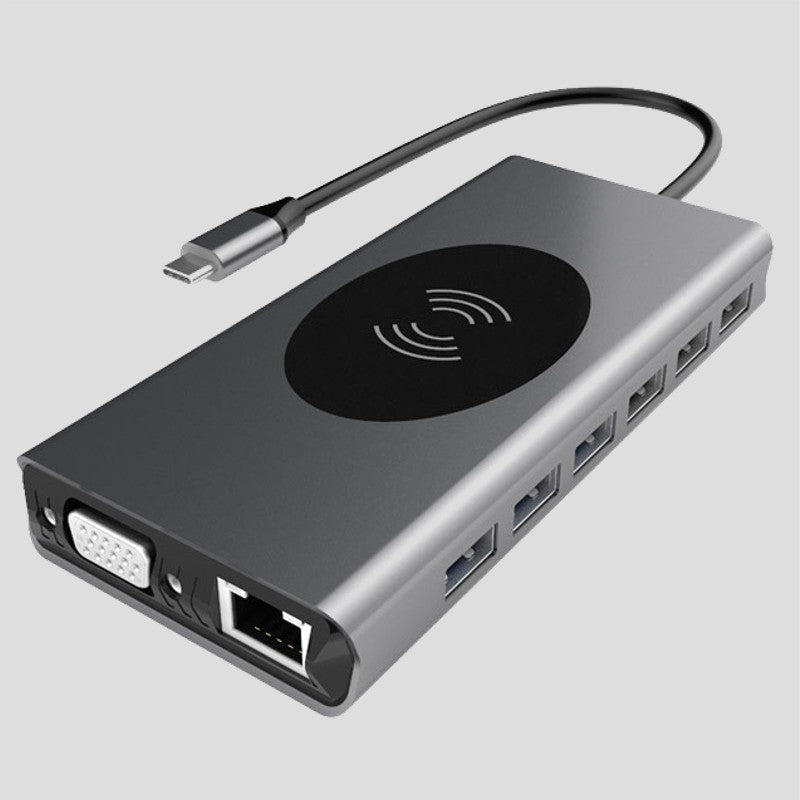 Skanto | Bærbar 15-i-1 USB C Hub Adapter, med Trådløs Lader, 4K USB C til HDMI, SD/TF Kortleser og Ethernet