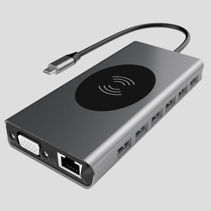 Skanto | Bærbar 15-i-1 USB C Hub Adapter, med Trådløs Lader, 4K USB C til HDMI, SD/TF Kortleser og Ethernet