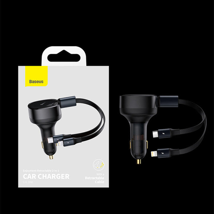 Skanto | 2-i-1 Uttrekkbar USB-C & Lightning Bil Telefon Lader for alle Telefoner & Nettbrett