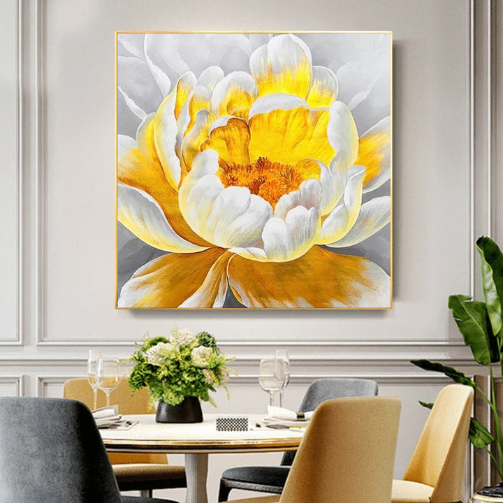 Moderne abstrakte blomster veggkunst Fine Art lerretutskrifter kvadratisk format hvite gull blomsterbilder for stue soverom kunstdekorasjon | Skanto