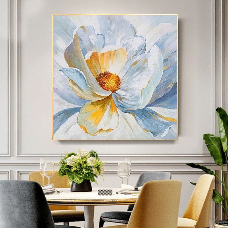 Moderne abstrakte blomster veggkunst Fine Art lerretutskrifter kvadratisk format hvite gull blomsterbilder for stue soverom kunstdekorasjon | Skanto
