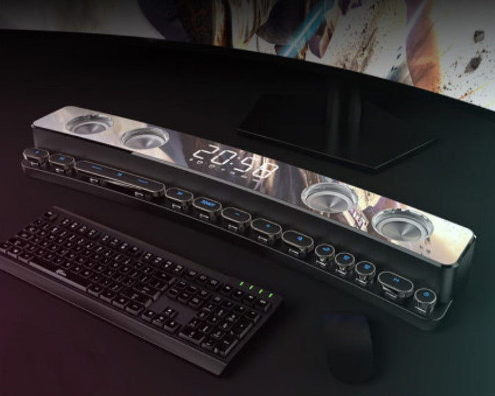 Skanto | Bluetooth Gaming Høyttaler, med RGB Belysning, Bluetooth 5.0, Dobbelt Membran, Doble Høyttalere, Mekaniske Knapper, Klokke & Alarm