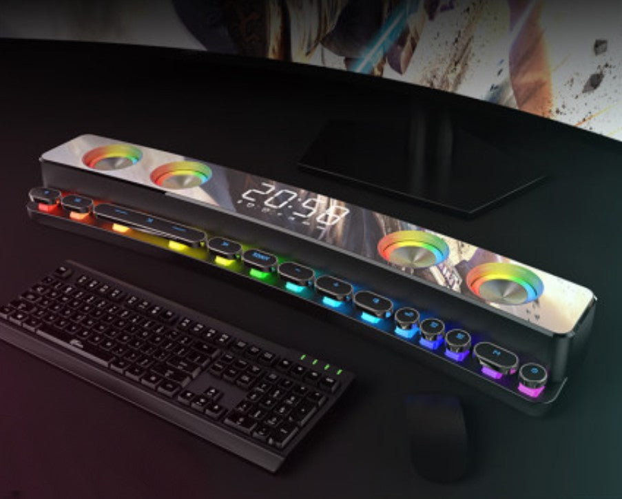 Skanto | Bluetooth Gaming Høyttaler, med RGB Belysning, Bluetooth 5.0, Dobbelt Membran, Doble Høyttalere, Mekaniske Knapper, Klokke & Alarm