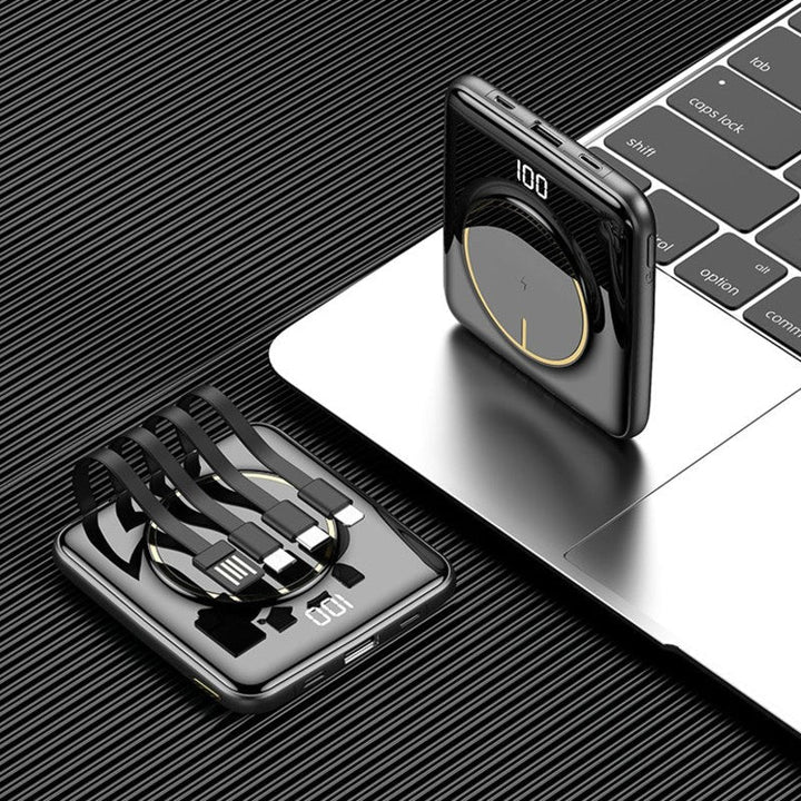 Skanto | 5-i-1 Bærbar Mini 20000mAh Power Bank, med Kablet/Drahtløs Lading, 4 Innebygde Kabler & Super Slank Design, for Telefon, Nettbrett & Mer