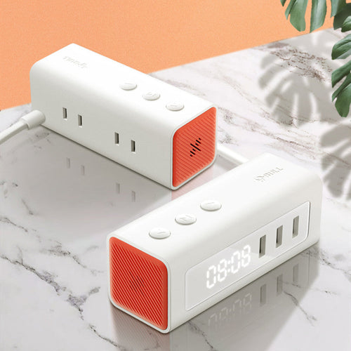 Skanto | 3-i-1 USB-lader, strømstripe, vekkerklokke, med justerbart lys, 3 USB-porter og 2 uttak, for nattbord, hjem, hotell, kontor