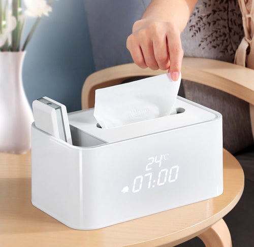 Skanto | Multifunksjonell Smart Elektronisk Vekkerklokke Ve tissueboks, med Innendørs Termometer og Lydkontroll Design, Passer for Soverom, Stue, Kjøkken & Kontor