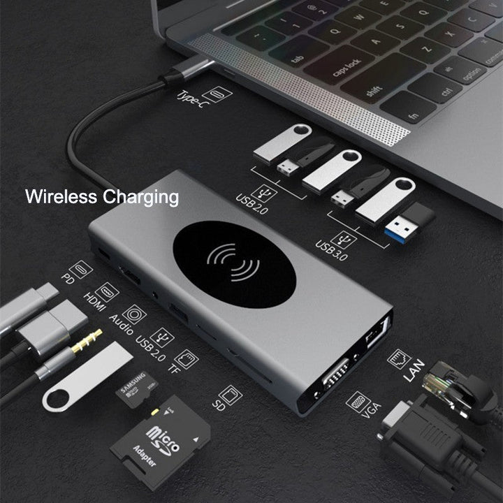 Skanto | Bærbar 15-i-1 USB C Hub Adapter, med Trådløs Lader, 4K USB C til HDMI, SD/TF Kortleser og Ethernet