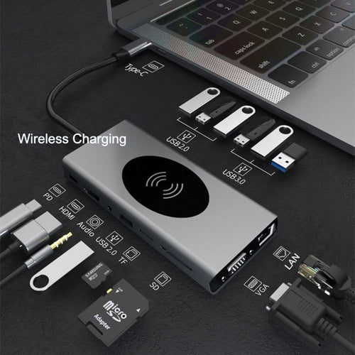 Skanto | Bærbar 15-i-1 USB C Hub Adapter, med Trådløs Lader, 4K USB C til HDMI, SD/TF Kortleser og Ethernet