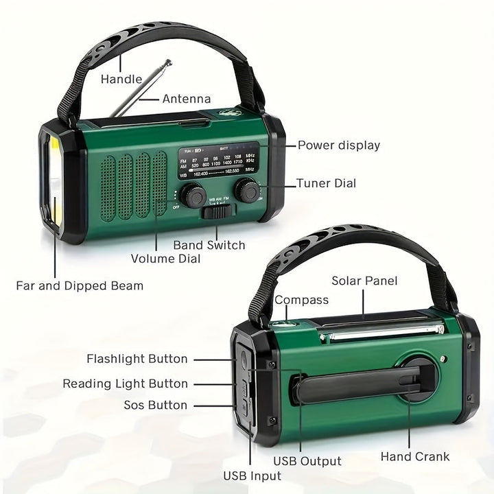 Skanto | StormMate X10 Nødradio med 10 000 mAh Powerbank | Sol, Håndsveiv & USB-C | LED Lys, SOS Alarm & Kompass | AM/FM/NOAA