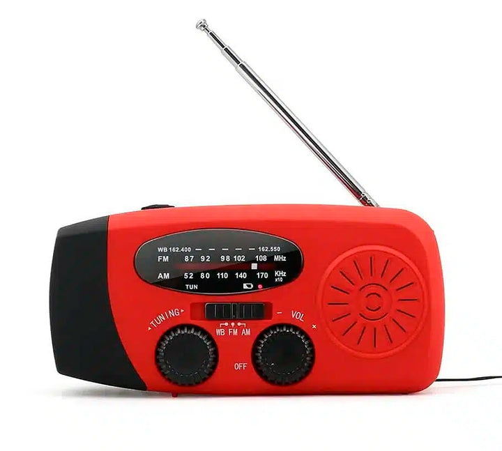 Nød radio FM/AM med integrerte solceller, lommelykt, powerbank & håndsveiv | Skanto
