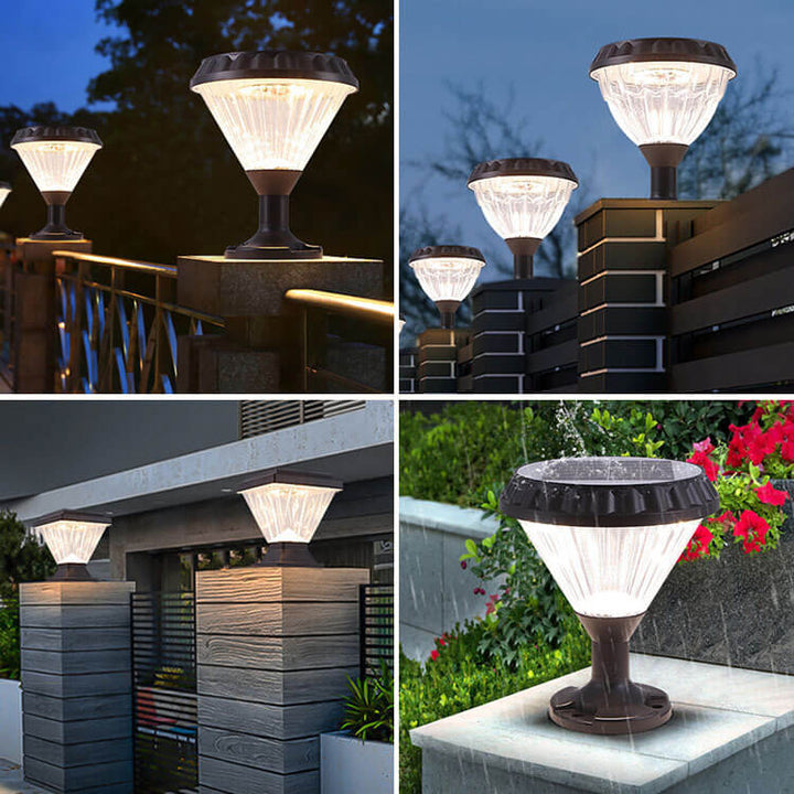 Moderne svart solcelle støpt aluminium glass utendørs patio vanntett søyle hode lys | Skanto