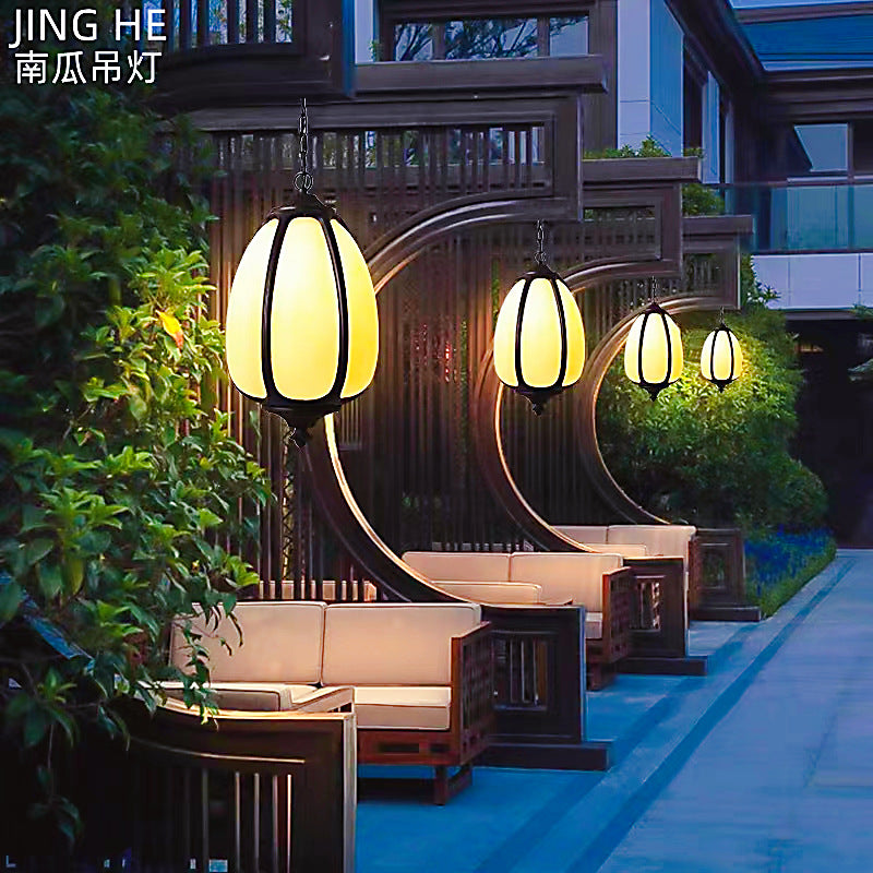 Tradisjonell kinesisk vanntett aluminium PC dolomitt elliptisk gresskar 1-lampe pendellampe for utendørs terrasse | Skanto