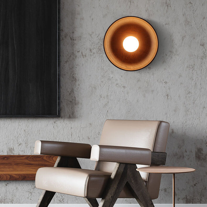 Skanto | Modern Minimalist Rund Skive Solid Tre 1-Lykt Vegglampe
