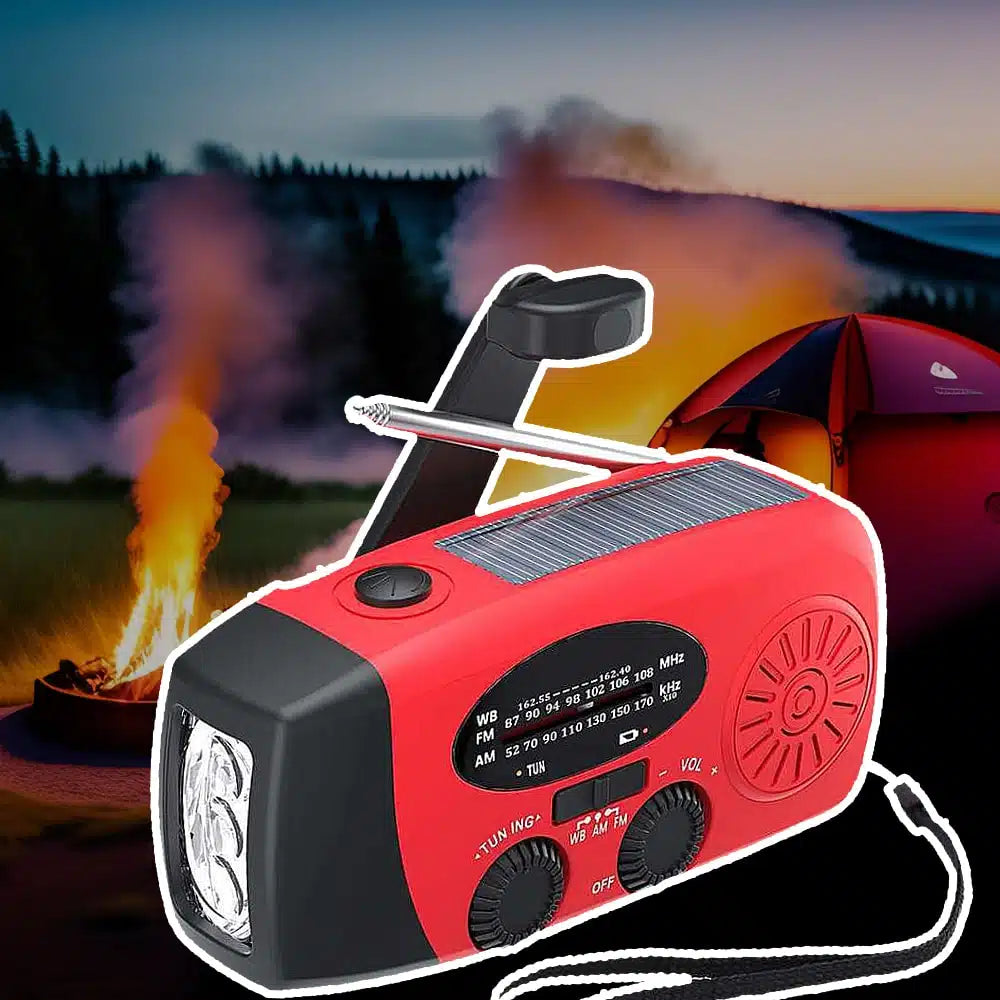Nød radio FM/AM med integrerte solceller, lommelykt, powerbank & håndsveiv | Skanto