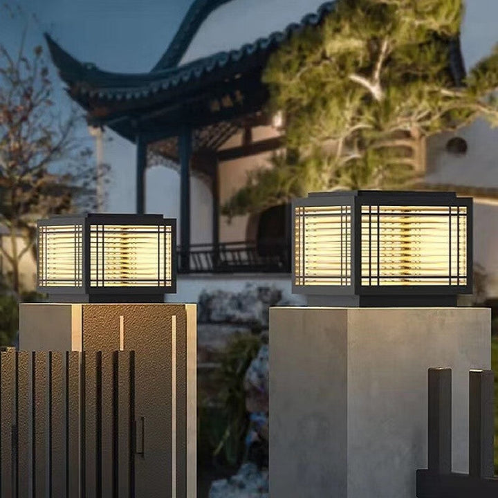 Tradisjonelt kinesisk kvadrat aluminium glass 1-lampe post hode lys for hage | Skanto