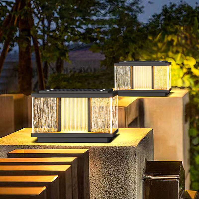 Moderne Enkelhet Aluminium Firkantet Vannbølget Glass LED Vanntett Sol Post Lampe Plen Lys For Hage | Skanto