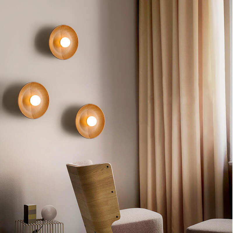 Skanto | Modern Minimalist Rund Skive Solid Tre 1-Lykt Vegglampe
