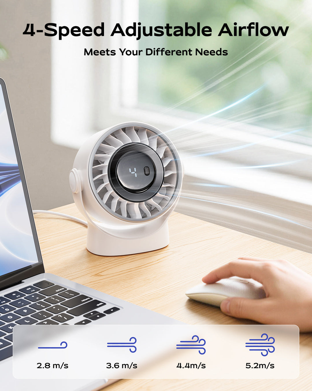 4-hastighets USB-oppladbar skrivebordsvifte med smart LED-skjerm | Skanto