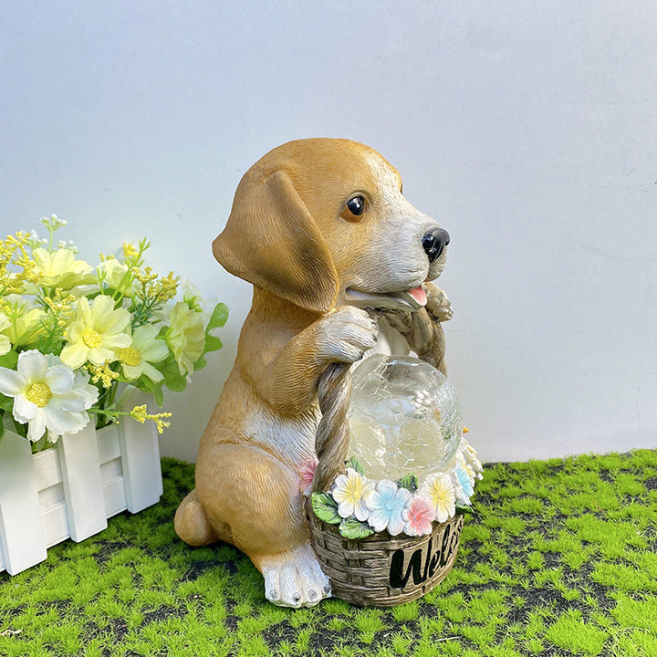 Solcelledrevet LED-hagelampe «Puppies Welcome» laget av harpiks