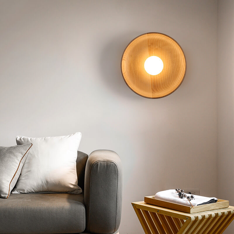 Skanto | Modern Minimalist Rund Skive Solid Tre 1-Lykt Vegglampe