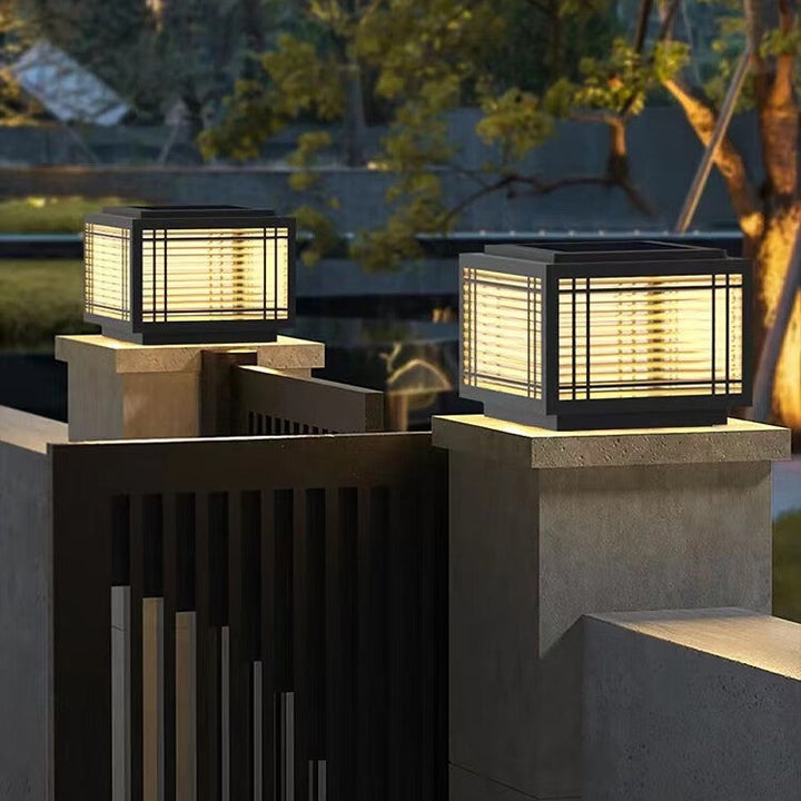 Tradisjonelt kinesisk kvadrat aluminium glass 1-lampe post hode lys for hage | Skanto