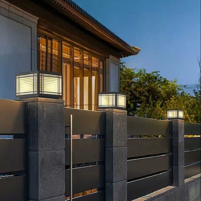 Tradisjonelt kinesisk kvadrat aluminium glass 1-lampe post hode lys for hage | Skanto