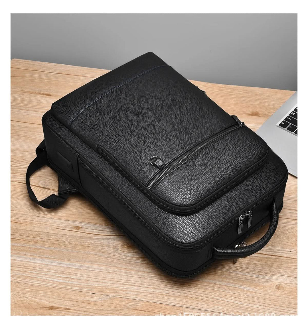 Eleganter Lederrucksack for Damen og Herren med USB-anschluss for laptop og täglichen bruk, 15,6 Zoll, schwarz