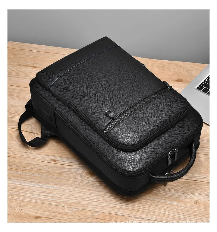 Eleganter Lederrucksack for Damen og Herren med USB-anschluss for laptop og täglichen bruk, 15,6 Zoll, schwarz