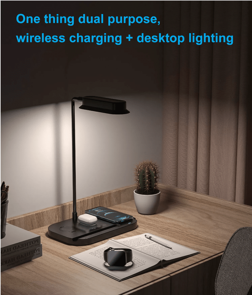 LED bordlampe med dimmer og trådløs lader for smarttelefoner (4-i-1) | Skanto