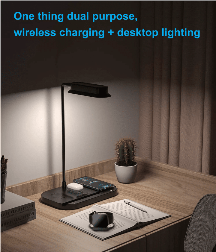 LED bordlampe med dimmer og trådløs lader for smarttelefoner (4-i-1) | Skanto