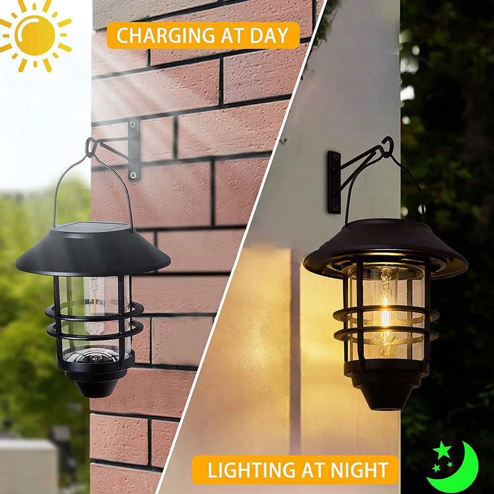 Moderne, retroinspirert, vanntett vegglampe laget av aluminium og glass med solcellefunksjon, sylindrisk, med én flamme, for oppheng på veggen til terrassen.