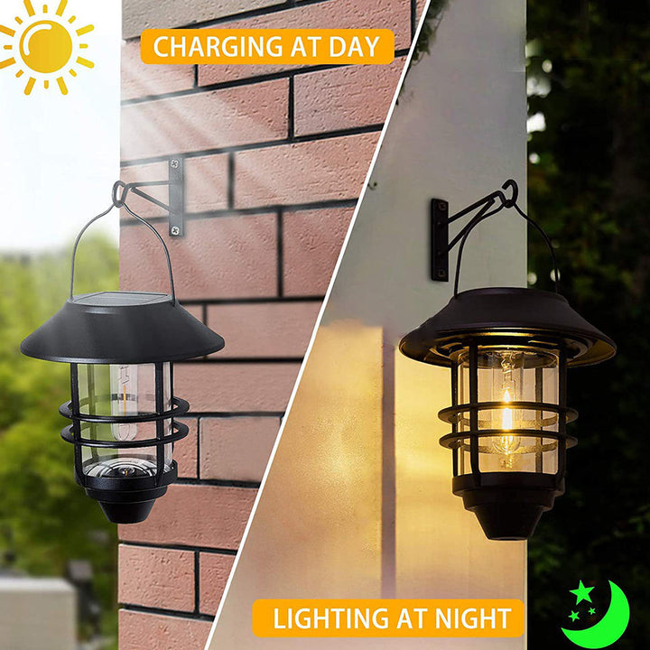 Moderne, retroinspirert, vanntett vegglampe laget av aluminium og glass med solcellefunksjon, sylindrisk, med én flamme, for oppheng på veggen til terrassen.