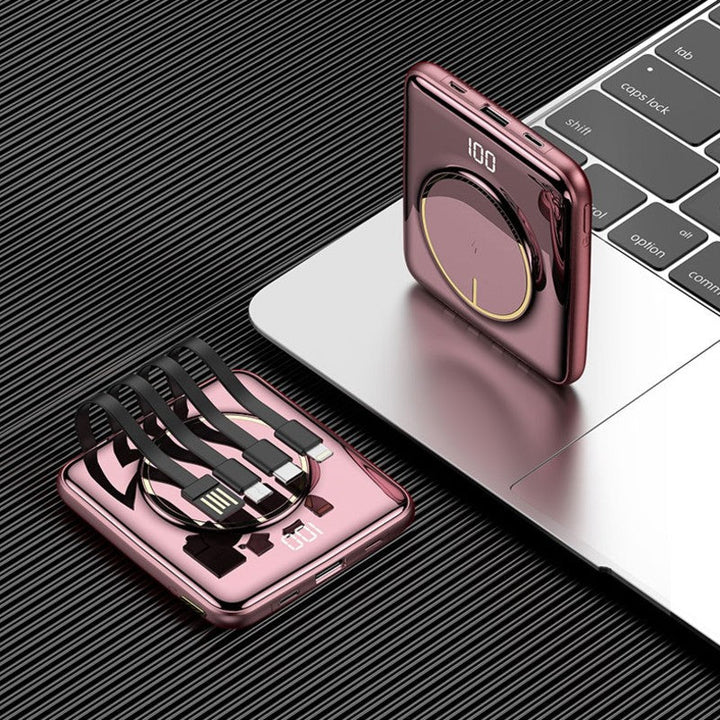 Skanto | 5-i-1 Bærbar Mini 20000mAh Power Bank, med Kablet/Drahtløs Lading, 4 Innebygde Kabler & Super Slank Design, for Telefon, Nettbrett & Mer