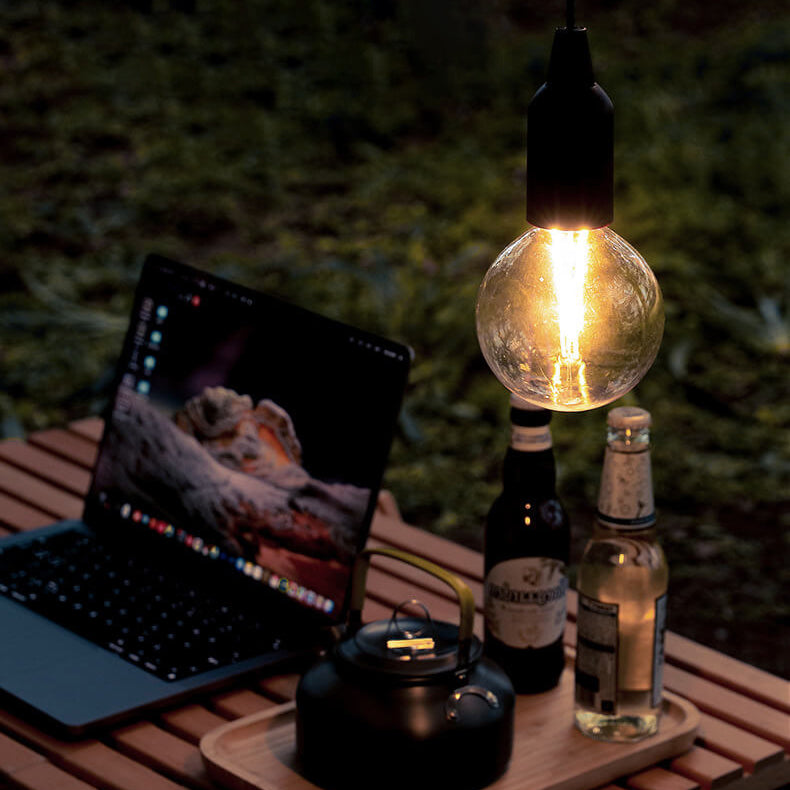 Retro bærbar, vanntett, rund trekjeglelampe med batteri og USB-tilkobling, 1 lyspære, ideell for camping og utendørsaktiviteter