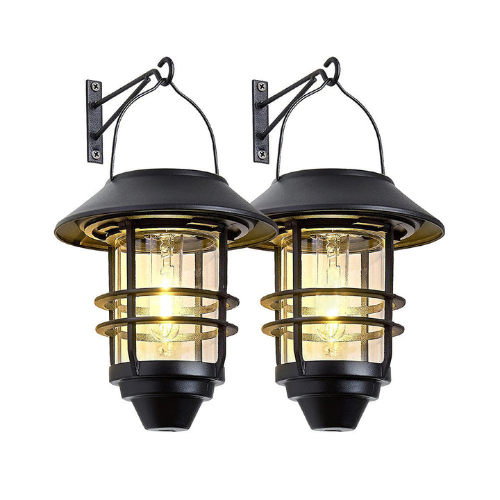 Moderne, retroinspirert, vanntett vegglampe laget av aluminium og glass med solcellefunksjon, sylindrisk, med én flamme, for oppheng på veggen til terrassen.