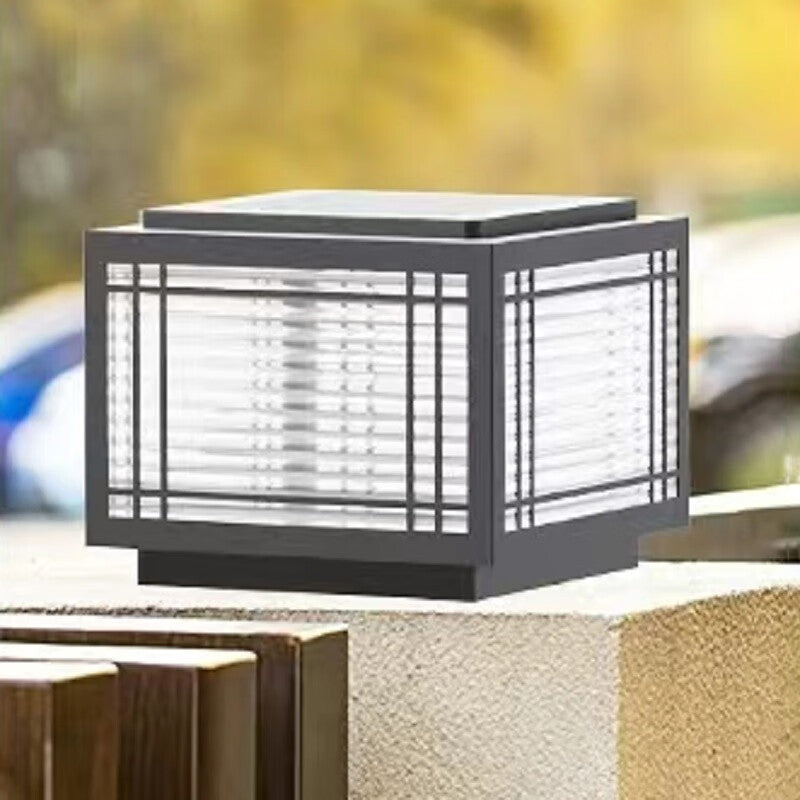 Tradisjonelt kinesisk kvadrat aluminium glass 1-lampe post hode lys for hage | Skanto