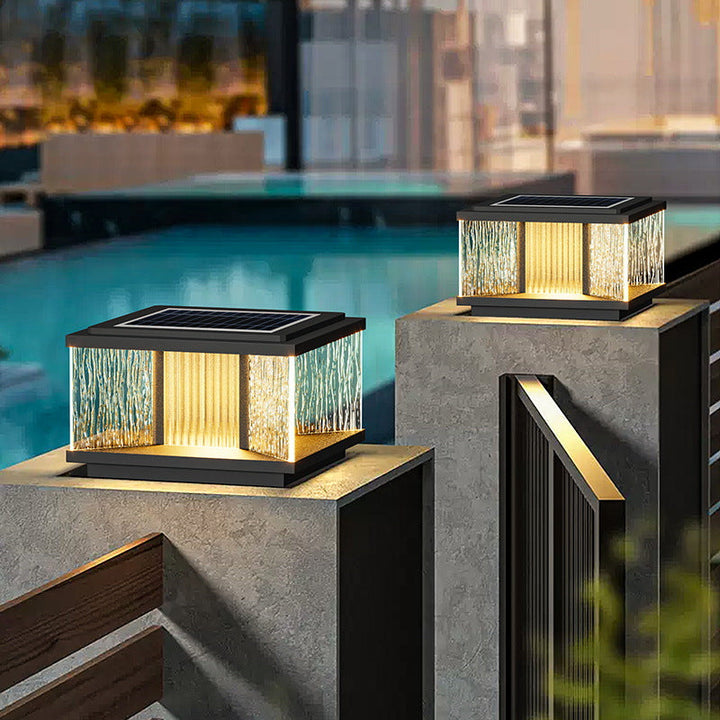 Moderne Enkelhet Aluminium Firkantet Vannbølget Glass LED Vanntett Sol Post Lampe Plen Lys For Hage | Skanto