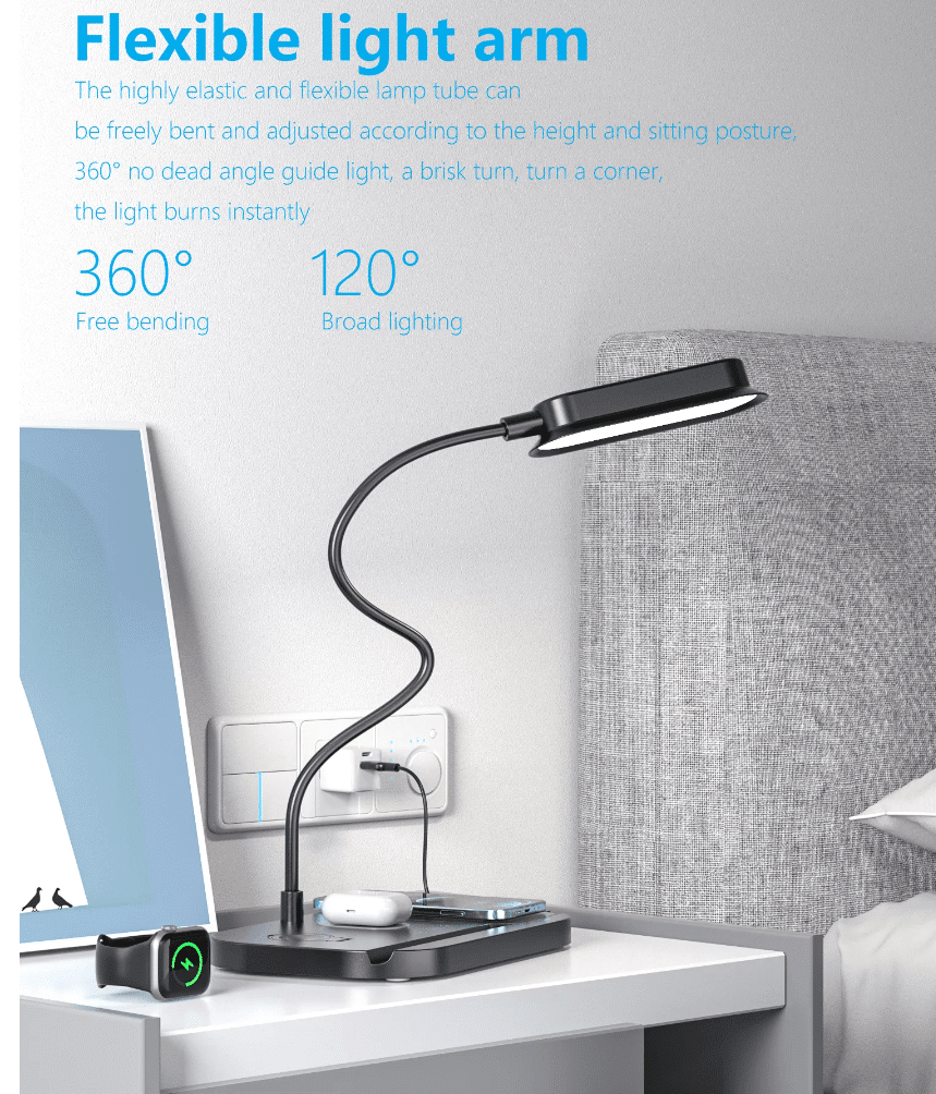 LED bordlampe med dimmer og trådløs lader for smarttelefoner (4-i-1) | Skanto