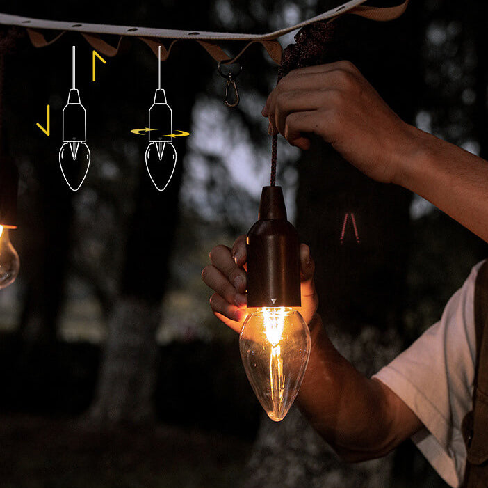 Retro bærbar, vanntett, rund trekjeglelampe med batteri og USB-tilkobling, 1 lyspære, ideell for camping og utendørsaktiviteter