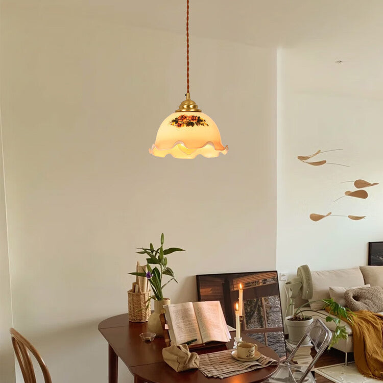 Skanto | Tradisjonell Vintage Messing Snor Valnøtt Glass Blomst Buet 1-Lykt Pendellampe For Spiserom