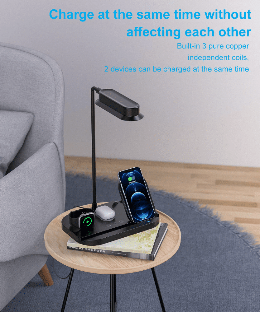LED bordlampe med dimmer og trådløs lader for smarttelefoner (4-i-1) | Skanto