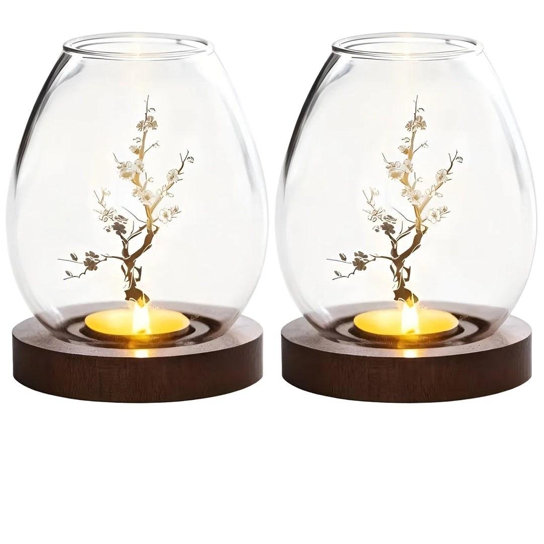 2-delt sett glasskandelholdere med tresokkel - dekorativ i retro zen-stil | perfekt for stue, borddekorasjon og utendørs | Skanto