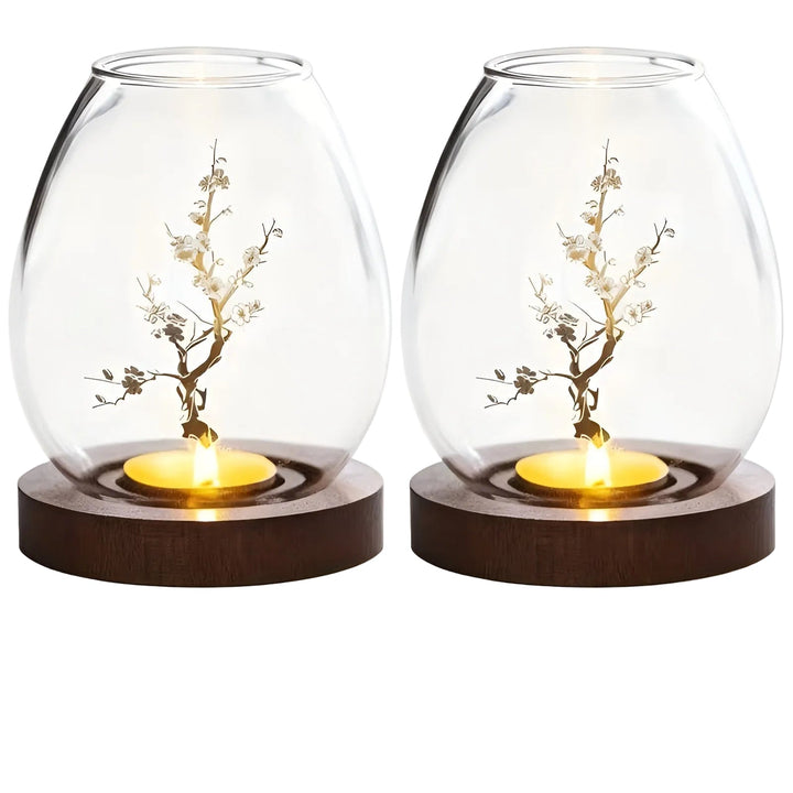 2-delt sett glasskandelholdere med tresokkel - dekorativ i retro zen-stil | perfekt for stue, borddekorasjon og utendørs | Skanto