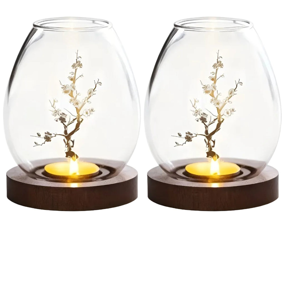2-delt sett glasskandelholdere med tresokkel - dekorativ i retro zen-stil | perfekt for stue, borddekorasjon og utendørs | Skanto