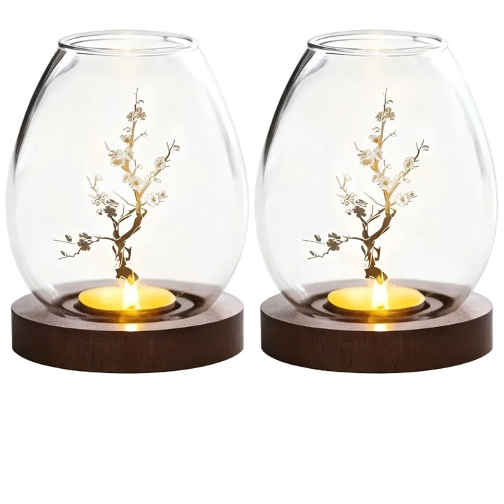 2-delt sett glasskandelholdere med tresokkel - dekorativ i retro zen-stil | perfekt for stue, borddekorasjon og utendørs | Skanto