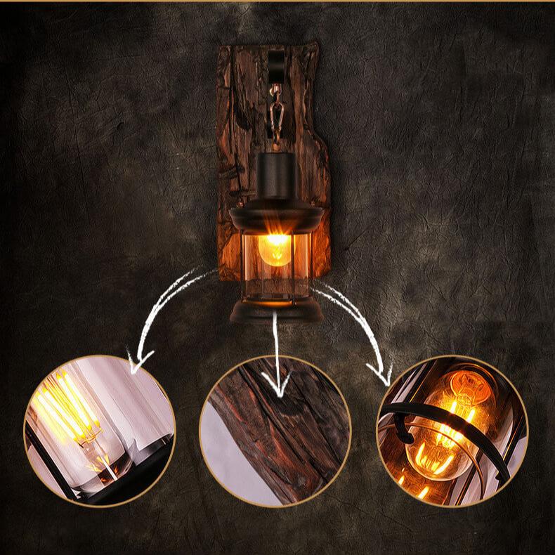 Skanto | Lysglass – Sylinderformet vegglampe med glass-, jern- og trebase