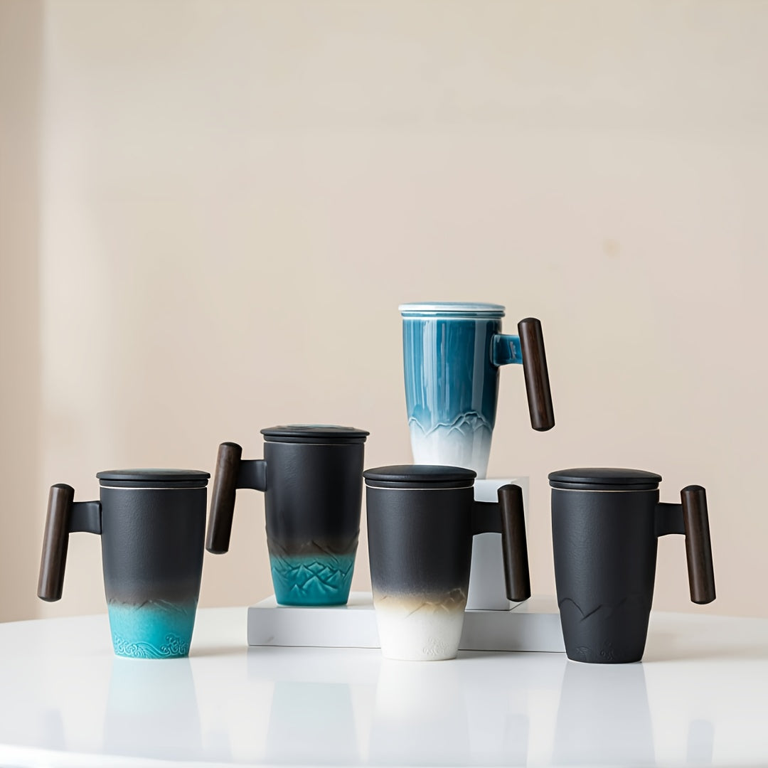 Skanto | TeaCraft Keramisk Kopp | Håndlaget | Med Te-sil og Treskaft | Retro Design