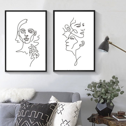 Abstract Love Kiss Black and White Lines Poster - Canvas Wall Art Painting | Skanto