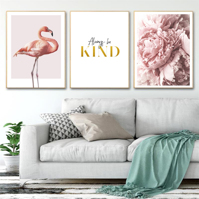 Moderne lerretbilde med rosa flamingoer og pærer